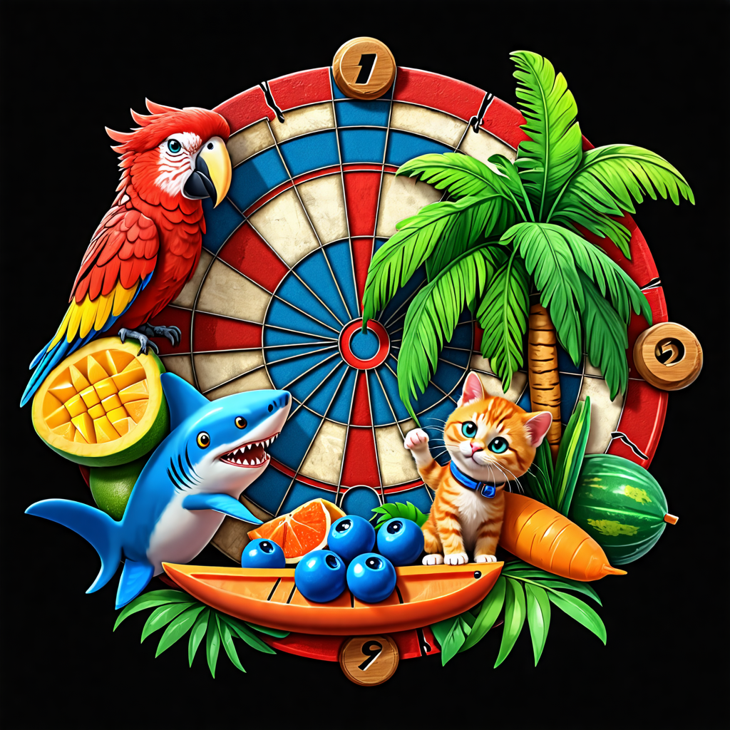 mango, kitten, snake, dartboard, parrot, canoe, carrot, blueberry, shark, palm tree